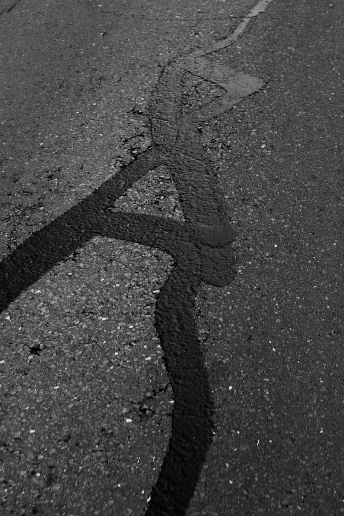 Close-up view of asphalt surface showing visible cracks and textures.